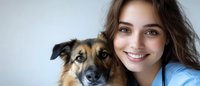 Young female veterinarian with brown hair smiling while holding mixed breed dog in clinical setting for pet healthcare and animal medicine concepts.