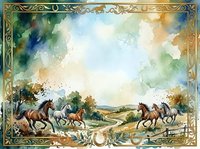 Horses galloping through pastoral countryside landscape with rolling hills, trees, and fences in watercolor style within ornate decorative border frame.