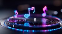 Glowing musical notes float above vinyl record with neon pink and blue lights creating magical atmosphere on dark background with bokeh effects.
