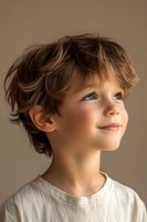 Young caucasian boy with tousled brown hair and bright blue eyes gazing upward with gentle smile against neutral background, wearing white t-shirt in natural lighting.