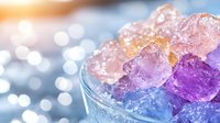 Colorful ice cubes in pink, purple and blue tones with bokeh background and soft lighting effects create refreshing summer drink atmosphere.