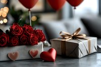 Romantic composition with red roses, heart decorations, gift box wrapped in craft paper with bow, and red balloons on blurred background. Perfect for Valentine's Day.