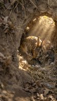 Wild cottontail rabbits huddled together in natural burrow with warm sunlight filtering through creating golden hour lighting in outdoor habitat.