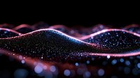 Glowing waves of particles with pink and blue neon lights creating abstract flowing curves against dark background, digital art visualization for technology concept.