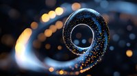 Mesmerizing spiral light trail with glowing blue and gold particles against dark background creates magical atmosphere. Abstract bokeh effect adds depth.