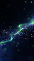 Magical glowing particles flow in dark space with green and blue bokeh lights creating ethereal cosmic atmosphere for abstract background designs.