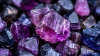 Raw purple and blue tourmaline crystals in natural formation showing mineral structure, rough gemstones with vibrant color variation and light reflection on dark background.