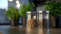 Glass storage jars filled with coffee beans and chickpeas on wooden counter with green plants and soft bokeh lights in modern kitchen interior. Fresh ingredients display.