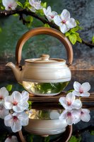 Ceramic teapot with green tea on wooden surface, surrounded by delicate cherry blossoms and reflection in mirror surface, creating zen atmosphere.