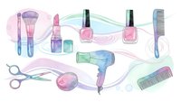 Watercolor beauty salon tools and cosmetics set with hair dryer, scissors, brushes, nail polish, lipstick and combs on white background.