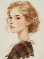 Young woman with strawberry blonde hair in romantic updo style wearing Victorian-era dress with plaid pattern and lace collar, shown in soft portrait style against light background.