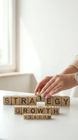 Businesswoman arranging wooden blocks spelling strategy, growth and vision on white desk, concept of business planning and development.