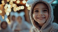 Young girl wearing cozy bear ear hoodie smiles brightly against blurred bokeh lights background, capturing winter holiday joy and childhood wonder.