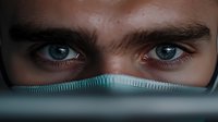Close-up view of intense blue eyes and expressive eyebrows above protective medical mask, capturing determination and focus during pandemic healthcare situation.