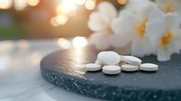 White round pills scattered on dark stone surface with soft focus white flowers and bokeh lights in background, creating medical or wellness atmosphere.