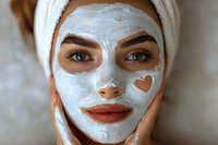 Young woman with white facial clay mask and heart shape detail enjoying spa skincare treatment, close up beauty portrait for cosmetic and wellness advertising.