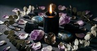 Black candle flame surrounded by amethyst crystals, gemstones and eucalyptus leaves on dark surface for spiritual meditation and healing rituals.