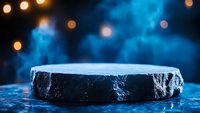 Dark stone podium with dramatic blue lighting and golden bokeh effects for luxury product display and premium brand presentations.