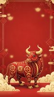 Chinese New Year ox zodiac greeting card with golden ornamental bull on red background with traditional decorative frame and glowing lights for celebration.