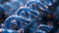 Glowing DNA spiral structure with water drops and bokeh effect on dark blue background, perfect for science and genetic research presentations.