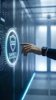 Hand touching holographic 5G safety guarantee shield icon in modern data center with glowing digital interface and server racks in background.