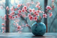 Pink cherry blossom branches in turquoise ceramic vase on wooden surface against blurred teal background, creating serene spring atmosphere.