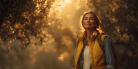 Mature woman with golden backlight in olive grove at sunset, wearing yellow vest and denim shirt, radiating peaceful contentment.