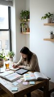 Young woman studying at wooden desk with books and notes in bright modern apartment with plants and floating shelves by window.