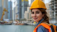 Female construction engineer wearing yellow hard hat and safety vest smiling at construction site with urban waterfront background and crane in distance.