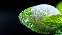 Fresh green mint leaf with morning dew drops and water condensation on dark background, macro photography showing nature details and freshness.