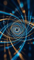 Abstract spiral light trails in blue and gold creating dynamic energy vortex on dark background for technology and science concepts.