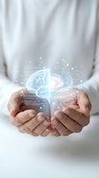 Hands holding glowing digital brain with neural network and data visualization, representing artificial intelligence, machine learning, and innovative technology solutions.