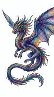 Colorful mythical dragon with vibrant blue, purple, and rainbow gradient scales, ornate wings, and flowing mane isolated on white background for design projects.