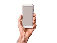 Male hand holding modern smartphone with blank screen isolated on white background, mockup for app or web design presentation.