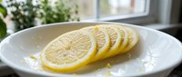 Fresh lemon slices arranged on white plate with juice drops, bright kitchen setting with natural window light for culinary and cooking content.