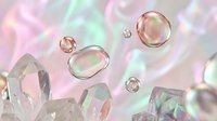 Iridescent soap bubbles floating above crystal formations with holographic rainbow reflections creating dreamy ethereal atmosphere for wellness spa concepts.