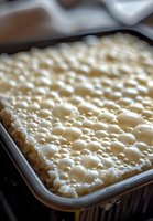 Macro shot of rising bread dough in metal baking pan showing detailed yeast fermentation bubbles and texture, demonstrating active fermentation process in baking.