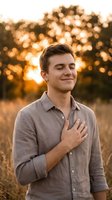 Young Caucasian man with dark hair wearing a gray button-up shirt, hand on chest, smiling with eyes closed in a golden hour outdoor setting with blurred trees and warm sunlight.
