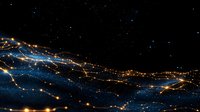 Glowing blue and orange light trails flow across dark starry background creating abstract network pattern with luminous connecting nodes and paths.