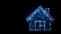 Glowing blue house silhouette created from connected dots and lines on dark background, representing digital smart home technology and connectivity.