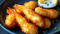 Crispy coconut breaded shrimp served on dark plate with citrus and creamy dipping sauce, garnished with fresh herbs, close up view of golden fried appetizer.