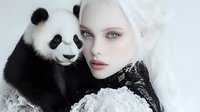 Young woman with platinum white hair and pale complexion posing with giant panda in artistic fashion portrait against light background. Conceptual beauty and nature fusion.