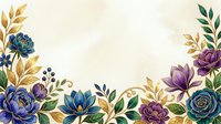 Vintage floral border with blue, purple, and teal roses, golden leaves, and botanical elements on cream background, suitable for invitations and design projects.