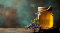 Glass jar filled with golden honey on rustic wooden slice, decorated with fresh wildflowers against dark turquoise background, natural food photography.