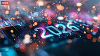 Glowing neon 2026 number with colorful bokeh lights and sparkles on dark background creates festive new year celebration atmosphere.