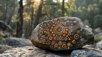 Decorative stone with orange mandala dot pattern painted on dark rock surface in forest setting with sunlit background creates mystical natural atmosphere.