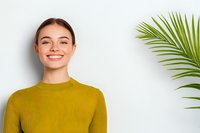 Young Asian woman with bright genuine smile wearing mustard yellow sweater against white wall with tropical palm leaf decoration, lifestyle portrait.