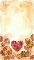 Watercolor card with red heart and golden coins on warm beige background, copy space for text, love and money concept.