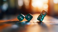 Green translucent dice on wooden surface with warm sunset lighting and bokeh background, creating dramatic shadows and reflections for gaming concepts.