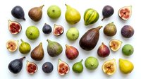 Fresh figs collection with whole and sliced fruits showing pink flesh, green and purple varieties isolated on white background for healthy food design.